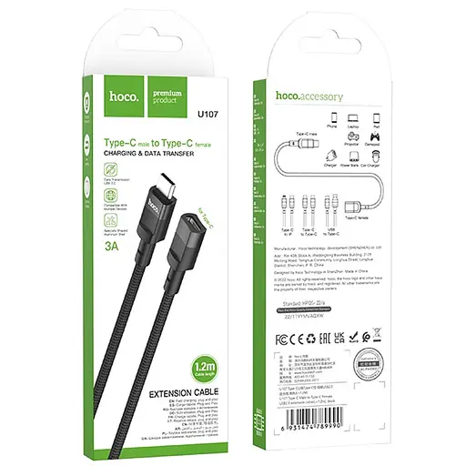 Перехідник Hoco U107 Type-C male to Type-C female USB2.0 (1.2m) Black - фото 6