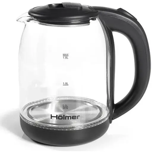 Електрочайник Holmer HKS-2025, чорний, 1500W, 1.8л, скло, дисковий, LED-підсвічування, індикатор рівня води - фото 1
