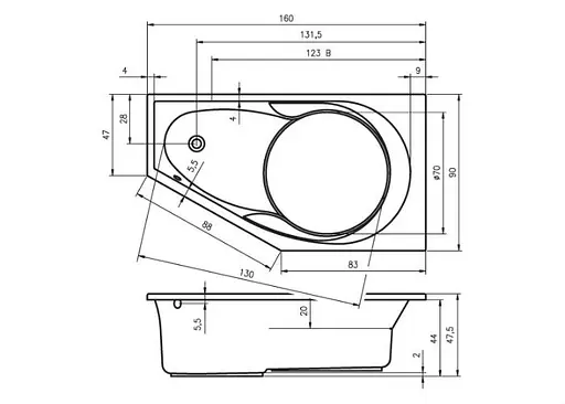 Ванна акриловая Rho Yukon 160xd90 BA3500500000000 левая - фото 2