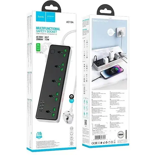 Подовжувач мережі Hoco AC13A на 5 розеток 3USB/1Type-C 10A 250V 1.5 м 2500W чорний - фото 3