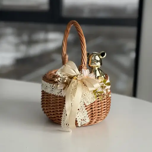 Пасхальная корзина 15х15х19см hand-made MIS LT натуральная с бежевым декором и мишкой - фото 1