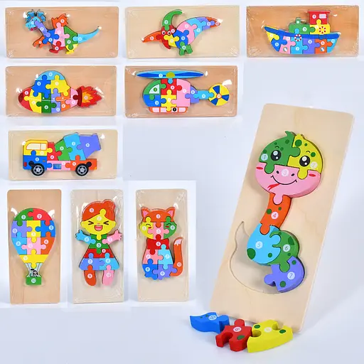 Деревянная игрушка Пазлы (животные, транспорт, динозавры, фигурки), 10x22x1 см (в ассортименте) - фото 2