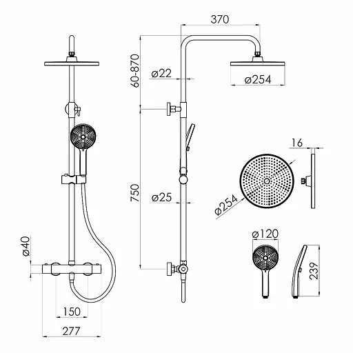 Душова система із термостатом Imprese Centrum AR верхній душ d250 мм хром T-15260AR, Хром - фото 2