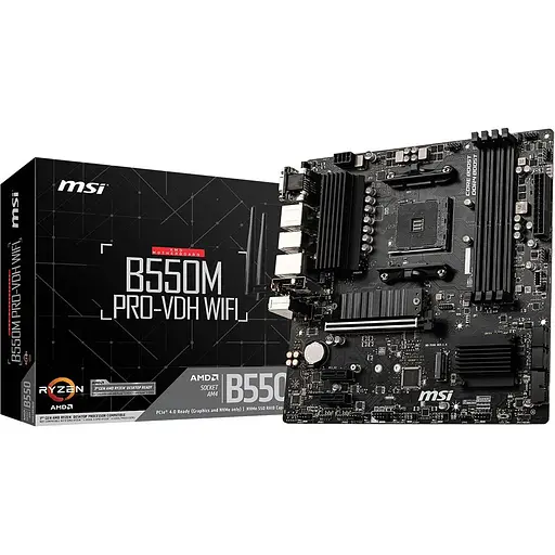 Материнская плата MSI AM4 (B550) B550M PRO-VDH WIFI, B550, 4xDDR4, Int.Video (CPU), 4xSATA3, 2xM.2, 1xPCI-E 16x 4.0, 2xPCI-E 1x 3.0, ALC892, RTL8111HN, WiFi ac, Bluetooth, 7xUSB3.2/6xUSB2.0, VGA/HDMI/DP, MicroATX - фото 2