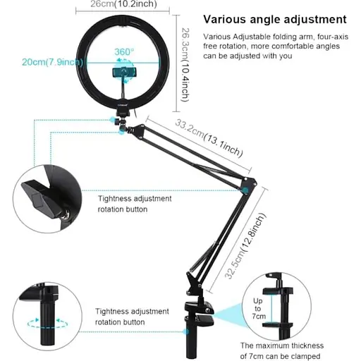 Кільцева USB LED лампа Puluz PKT3090B 10,2" зі струбциною - фото 2