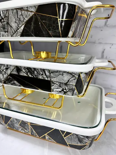 Набор из 3-х мармитов керамических прямоугольных Kitchen с крышками из стекла Витраж Золотой - фото 5