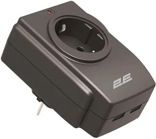 Мережевий адаптер 2E 1XSchuko із захистом від сплесків напруги, 2*USB-A, чорний - фото 1