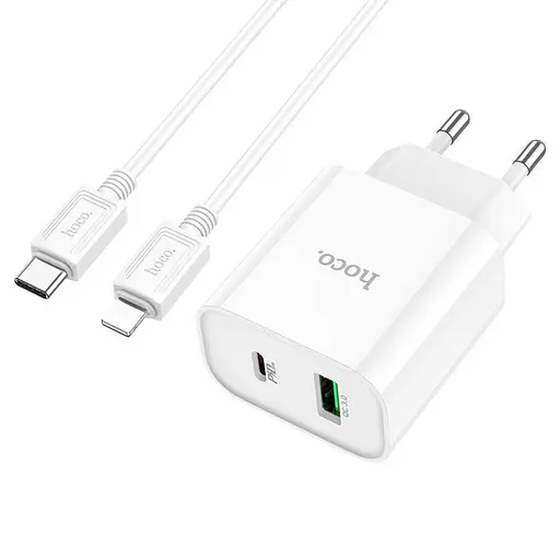 Мережевий зарядний пристрій з кабелем Hoco C80A Plus Rapido PD20W+QC3. 0 charger set(C to iP) білий - фото 1