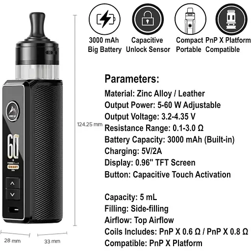 Под-система VooPoo Drag S3 60W Pod 3000 mAh with PnP X Cartridge MTL 5ml електронна сигарета Kit Metal Gray (18812) - фото 3