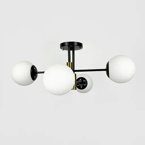 Стельова чорна люстра з латунною фурнітурою на 4 білих плафонів Ø 55 см | Line F | Арт. 81188/4 CP+BK+WT - фото 2