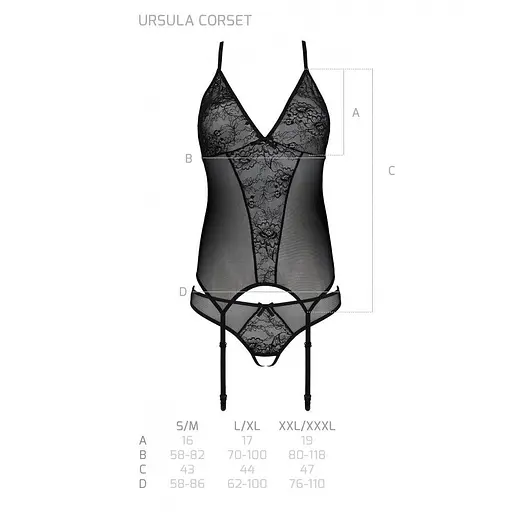 Корсет с пажами трусики с ажурным декором и открытым шагом Passion Ursula CorSet black L/XL - фото 6