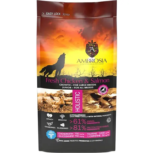Сухой корм Ambrosia Grain Free для взрослых собак больших пород с курицей и свежим лососем 12 кг