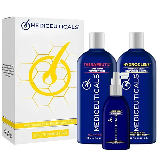 Набір проти випадіння та стоншення волосся у чоловіків Mediceuticals Advanced Hair Restoration Kit: Шампунь Hydroclenz 250 мл + Кондиціонер Therapeutic 250 мл + Сироватка Numinox 125 мл - фото 1