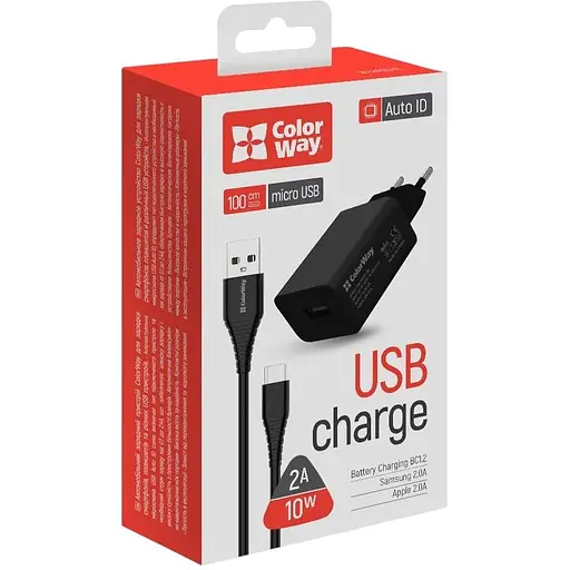 Зарядний пристрій ColorWay 1USB AUTO ID 2A (10W) Black + Кабель micro USB 1м Black