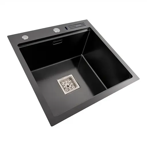 Кухонная мойка 50x50 PVD черная Platinum Handmade с подставкой для ножей, Черный - фото 3
