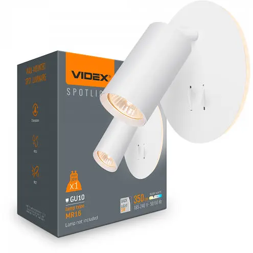 Світильник Videx під лампу GU10 настінний з підсвіткою та кнопкою білий (VL-SPF24E-W) - фото 1