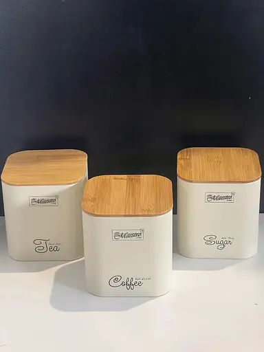 Набор металлических емкостей Maestro MR-1775-3S-IVORY с бамбуковой крышкой для чая кофе и сахара 3шт - фото 2