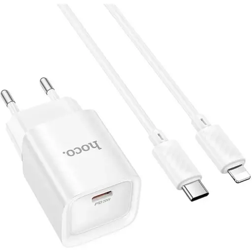 Мережевий зарядний пристрій Hoco C146A Charm single port PD20W charger set(Type-C to iP)(EU) Білий - фото 1