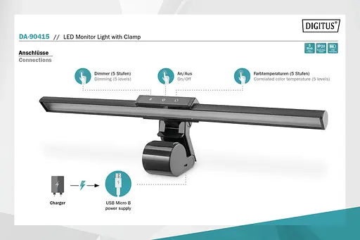 Digitus Світильник LED Monitor Light, 5W, 250lm, чорний - фото 4