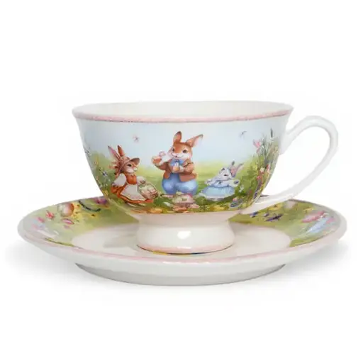 Чашка порцелянова для чаю Rabbit Family 200 мл HP-7323-9 біла з блюдцем чашка чайна подарункова Yiwu HP-7323-9 - фото 1