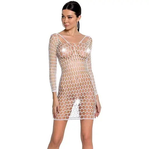 Бодистокинг-платье с глубоким воротом Passion BS093 white длинные рукава One size