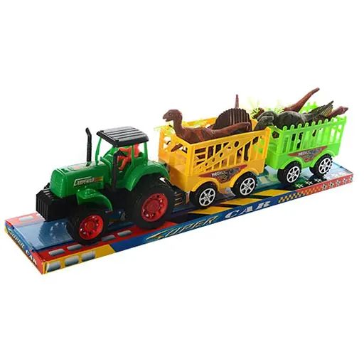 Трактор инерционный, 17 см, с прицепом, динозавры 6 шт.