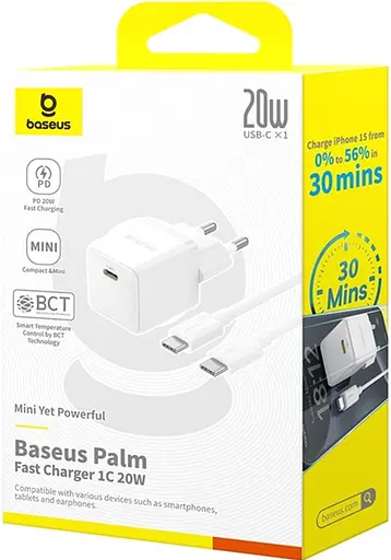 Сетевой адаптер Baseus Palm Fast Charger 1C 20 W + Cable Type-C to Type-C P10111602213-01 Белый - фото 2