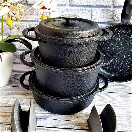 Набір каструль O.M.S. Collection 3050 з гранітно-мармуровим покриттям Чорний (Туреччина) - фото 4