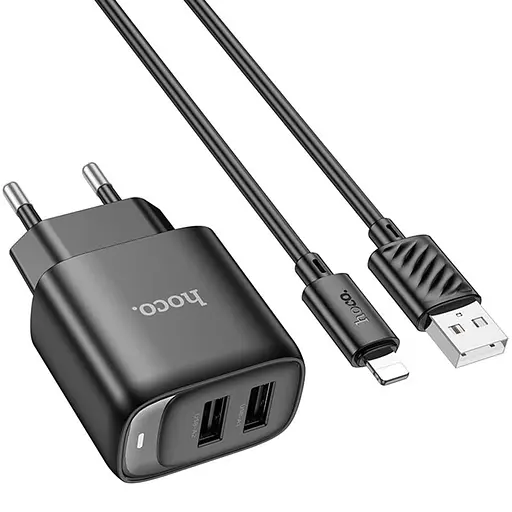 МЗП Hoco C141A Smart 2.1A (2USB-A) + кабель USB to Lightning Black - фото 3