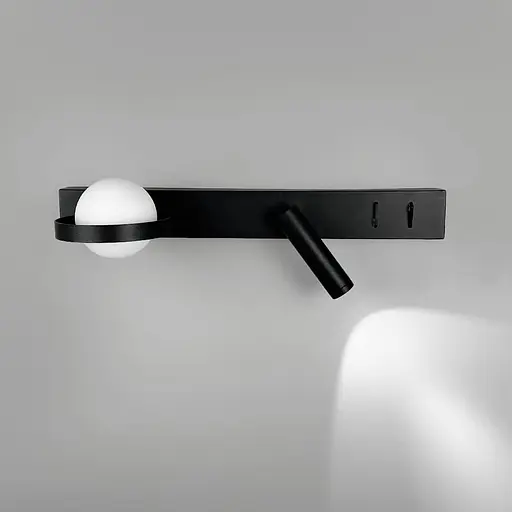 Ліве чорне бра на 2 вимикачі з білим плафоном та спотом 40 см Line F Арт. B98/2 L BK (лівий) - фото 1