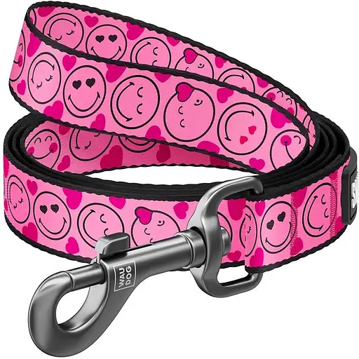 Повідець для собак Waudog Nylon нейлоновий, малюнок "Смайли на рожевому", L-XXL