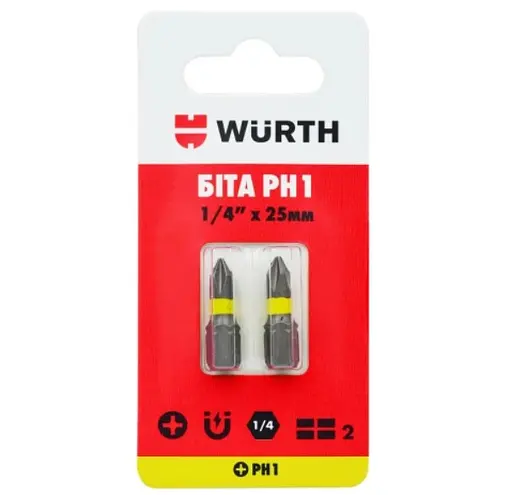 Бита Wurth PH1 1/4IN L25 мм 2 шт. в блистере (1614176274902) - фото 1