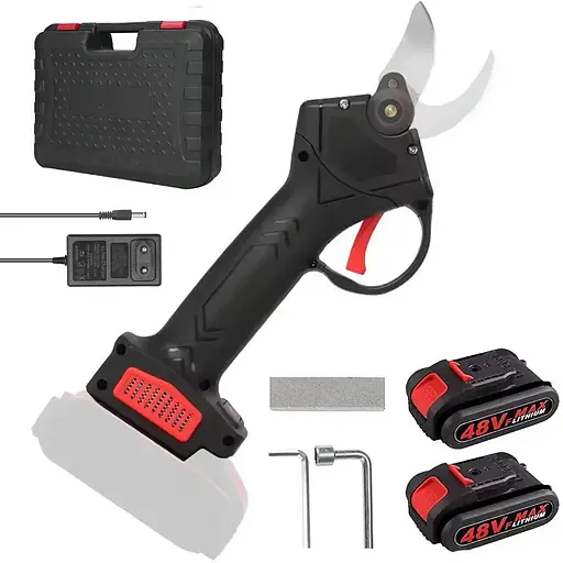Секатор аккумуляторный в кейсе садовый для обрезки веток деревьев кустарников 2 аккумулятора 48 Вт Черный - фото 1