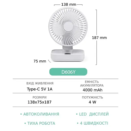 Вентилятор настольный беспроводной GXQC D606Y белый - фото 5