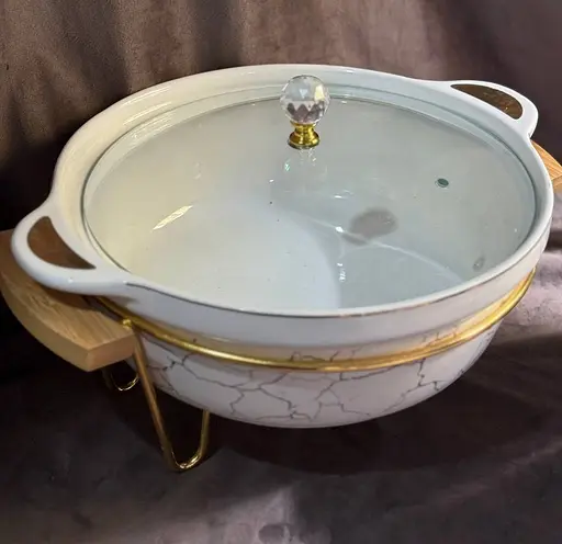 Мармит круглый 3 литра настольный с 2 подогревами для блюд керамический на металлической подставке с крышкой Белый с золотым - фото 4