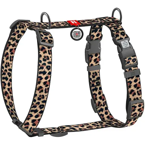 Шлея для собак анатомічна H-подібна WAUDOG Nylon з QR-паспортом малюнок Леопард пластиковий фастекс L, Ш 25 мм A 51-85 см, B