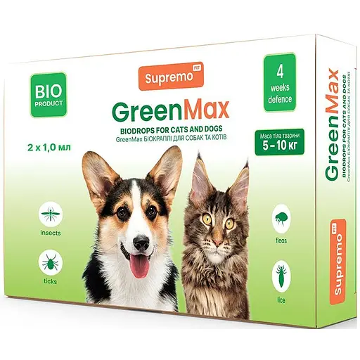 Краплі Supremo GreenMax Біо для котів та собак вагою 5-10 кг 1 мл х 2 шт.