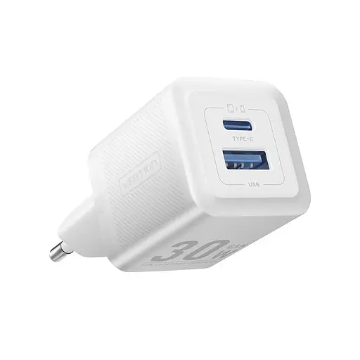 Мережевий зарядний пристрій Vention 2-Port USB (C + A) GaN Charger (30W/30W) EU-Plug білий - фото 1