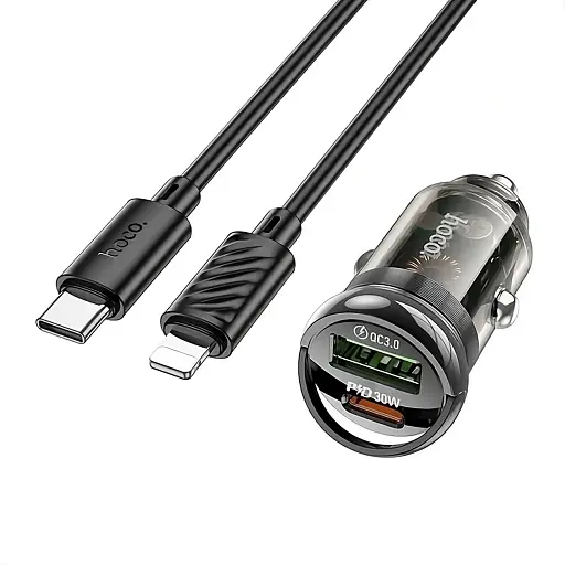 Автомобільний зарядний пристрій Hoco Z53A USB-C та USB-A PD 30W QC 3.0 з кабелем Type-C Lightning - фото 2