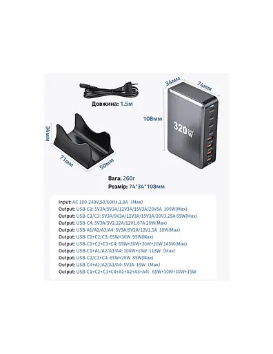 Зарядный адаптер блока питания Essager 320 W GaN YMX-320 4U+4C (8 выходов) - фото 10