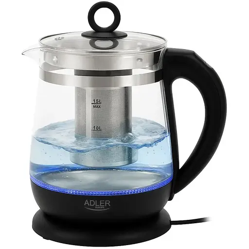 Чайник Adler AD 1299 стеклянный 1.5 л с заварочным блоком и контролем температуры черный - фото 1