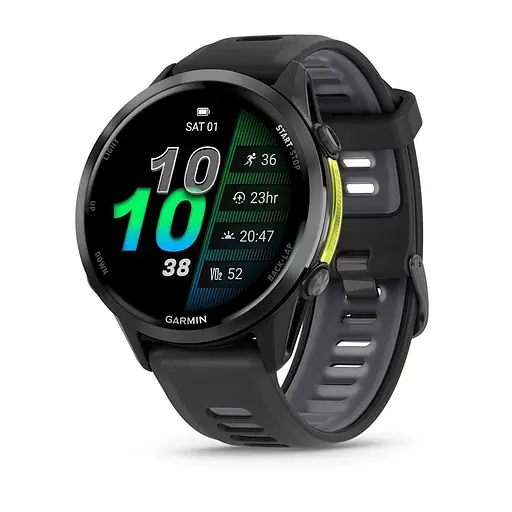 Смарт-часы Garmin Forerunner 970 с углеродно-серым титановым безелем DLC, черным корпусом и черным ремешком