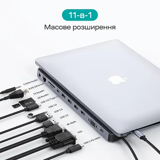 USB-хаб Choetech USB-C хаб 11-в-1 M20 HDMI 4K@30Hz, VGA, 3 USB-A 3.0, USB-C 3.0, RJ45, USB-C PD, SD-card, TF-card, 3.5mm audio (43-00154) - фото 4