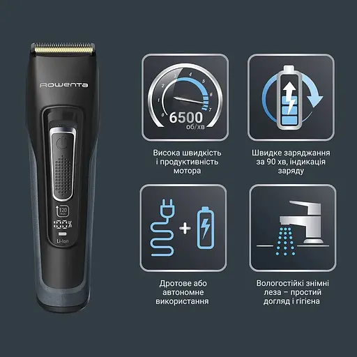 Rowenta Машинка для стрижки Advancer, для бороди, вусів, голови, мережа+акум., роторний мотор, насадок-2, кейс, титан.напил., темно-зелений - фото 8