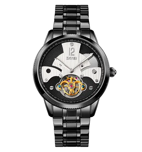 Мужские часы скелетон Skmei 9205 механические (Черные с белым)