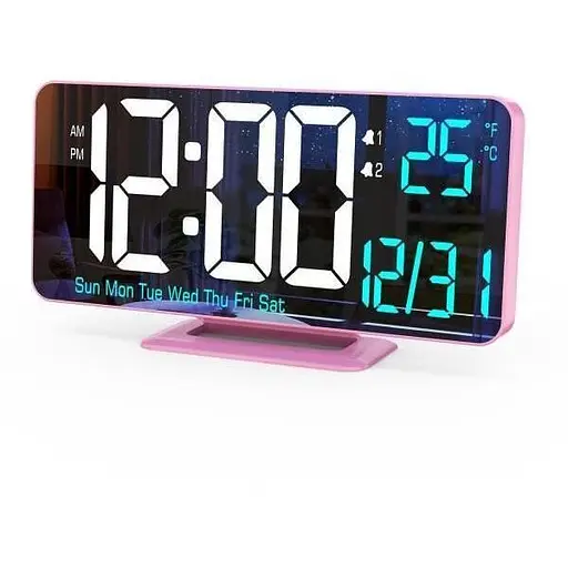 KOSUMOSU Рожевий цифровий годинник 6,7-дюймовий подвійний будильник із функцією затемнення/12/24-годинний дисплей/Секунд/Дата/День