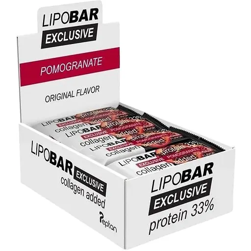 Блок батончиків LipoBar Exclusive Protein Bar, 20*50 грам збагачений біоактивним колагеном Peptan - Гранат