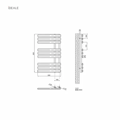 Рушникосушка дизайнерська Ideale Eva 11 9/500 чорна, Чорний - фото 3