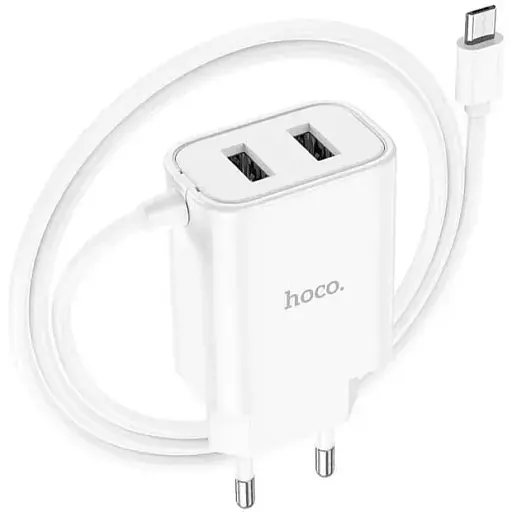 Зарядний пристрій Hoco C103A 2 порти + вбудований Micro USB кабель біле - фото 1
