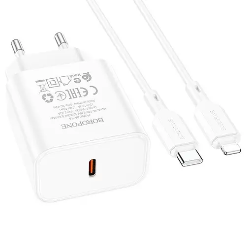 Зарядний пристрій (блок із кабелем) Borofone BA71A Type-C to Lightning Power 1 Type-C 20 W білий - фото 1